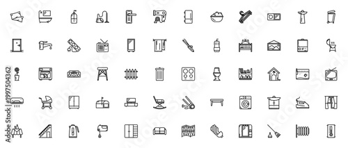 Household essentials icon set. Vector collection of home items including pillows, bathtub, fridge, sofa, washing machine, and more for daily living.