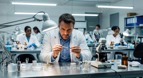 A male scientist in a lab coat working with a microscope in a laboratory.