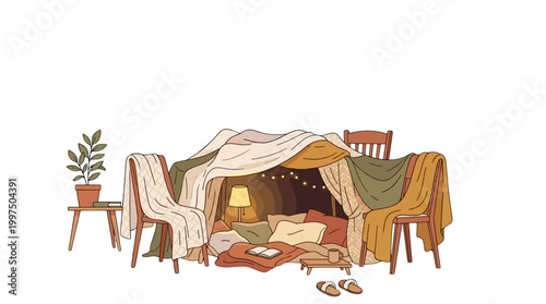 Cozy living room with blanket draped over furniture