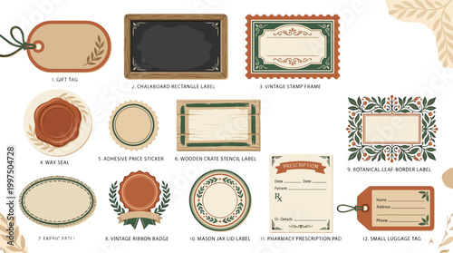 Collection of vintage decorative labels and tags