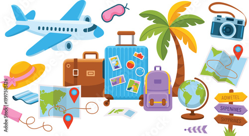 Cartoon vector illustration of travel items showing vacation exploration leisure journey creative colorful design