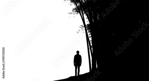 Minimalist black and white silhouette of a solitary man by bamboo trees