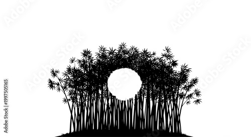 Minimalist black bamboo forest silhouette with a white moon circle