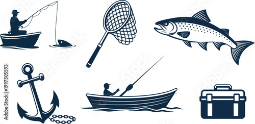Fishing icons, vector set of people fishing, boat silhouettes, fish species, and tackle equipment, outdoor angling hobby symbols, marine sport illustration collection for recreational fishing, travel 