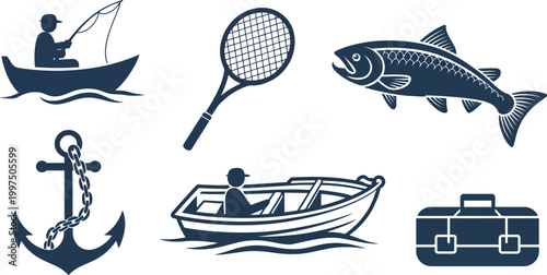 Fishing icons, vector set of people fishing, boat silhouettes, fish species, and tackle equipment, outdoor angling hobby symbols, marine sport illustration collection for recreational fishing, travel 