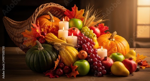 Abundant cornucopia overflowing with autumn harvest fruits and vegetables, lit