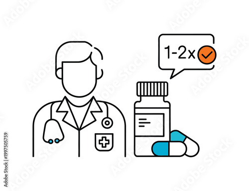 Drug consultation safe medication guidance pharmacist figure with medicine bottle and communication speech bubble vector design