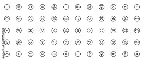 Ancient Symbols icon set. Vector symbol collection. Includes zodiac signs like Taurus, Pisces, Aquarius, Aries, Virgo, Cancer, Libra, and symbols like circled dot and Venus. Editable stroke.