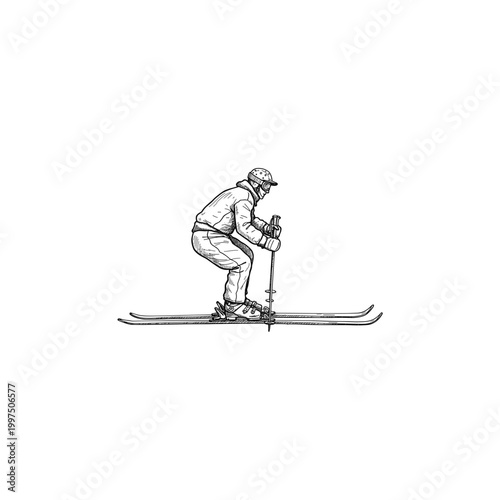 Male skier in action using poles on snowy slope  