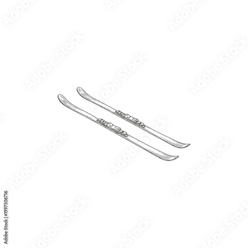 Classic silver skis positioned side by side on a white background  