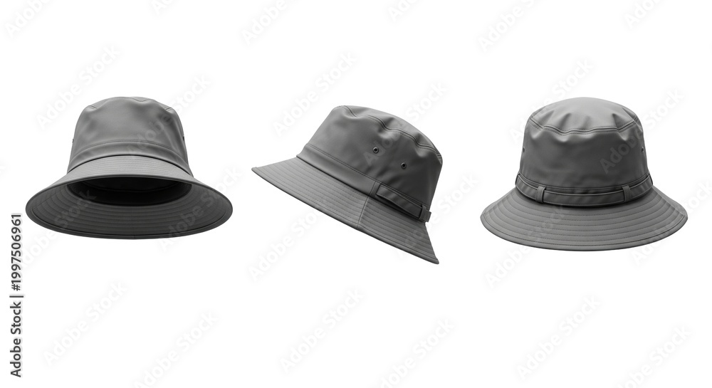 Fototapeta premium Set of gray waterproof bucket hats in three views for fishing hiking and rain protection