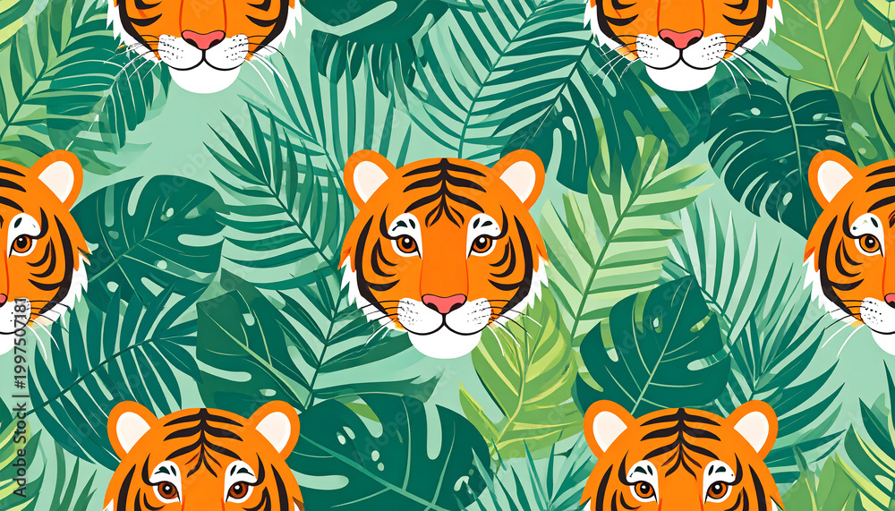 Obraz premium Seamless wallpaper pattern of hidden tiger faces among dense stylized jungle leaves with vibrant orange and forest green colors generative AI
