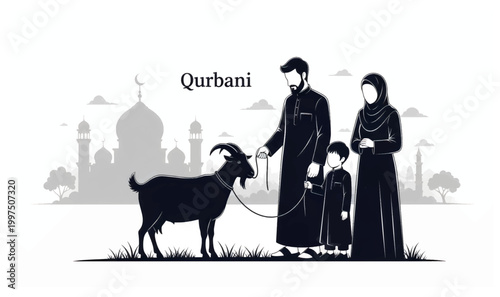 Eid ul Adha Qurbani Family Scene Silhouette Vector Illustration