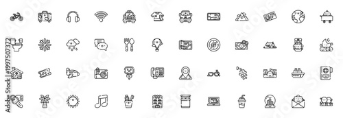 Travel icon set. Vector illustration pack. Includes symbols for airplane, passport, hotel, suitcase, taxi, map, beach, camping and more. Editable stroke.