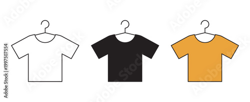 T-shirt icon set vector, black outline clothing fashion apparel icons, casual wear garment branding symbols clean isolated illustration