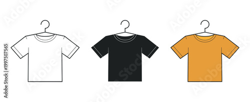 T-shirt icon set vector, black outline style clothing apparel fashion casual wear symbols, garment branding concept isolated design