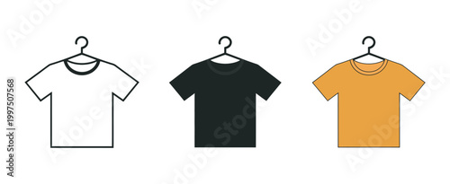 T-shirt icon set vector, black outline style clothing apparel fashion casual wear symbols, garment branding concept isolated design
