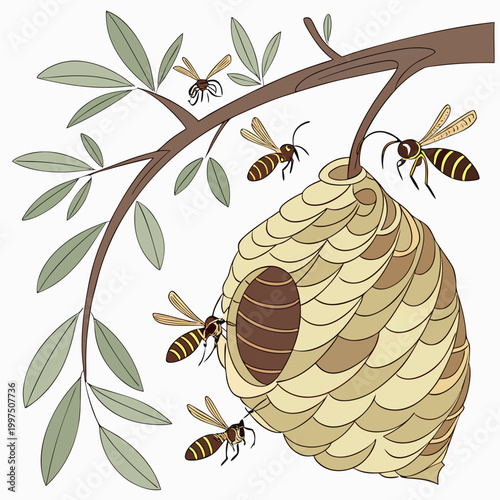 An illustration of a wasp nest hanging from a tree branch with wasps flying around it