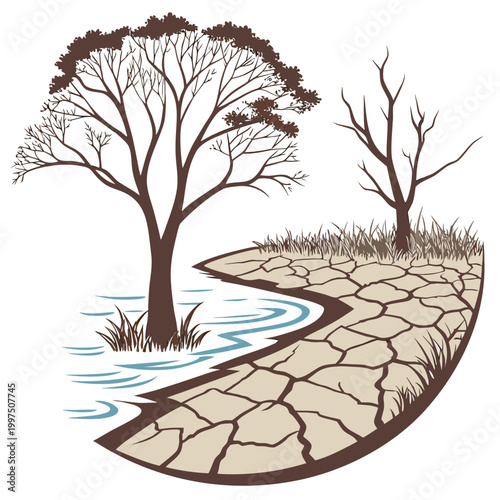 An illustration depicting a tree standing in floodwater beside a parched, cracked earth landscape with another tree, symbolizing contrasting environmental conditions