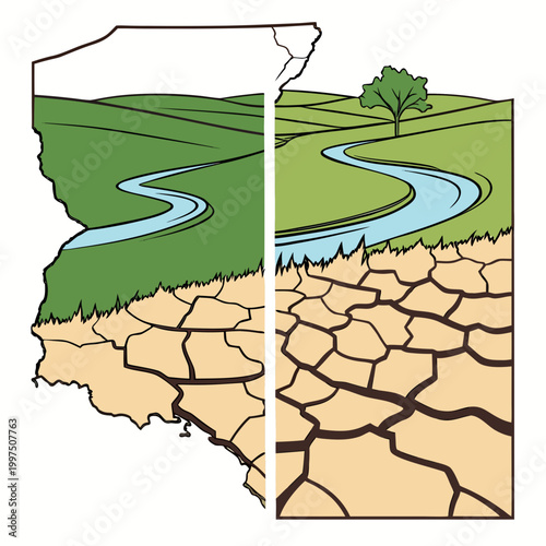 Drought comparison illustration showing cracked dry earth and lush green landscape side by side