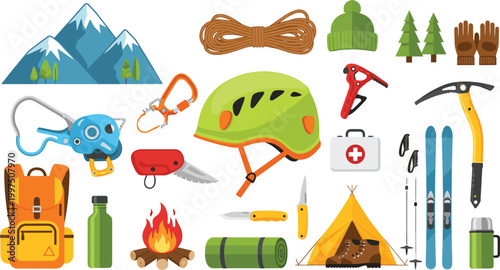 Outdoor Adventure Gear Set with Climbing Tools, Backpack, Tent, Mountain Equipment, and Winter Sports Accessories