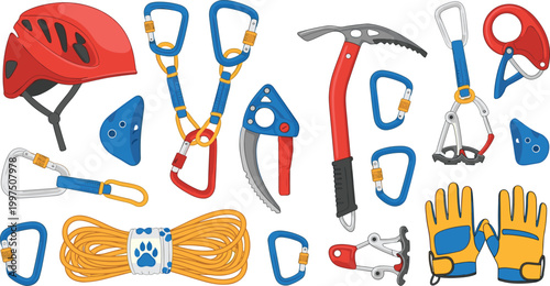 Climbing and Mountaineering Gear Set with Helmet, Carabiners, Ice Axes, Ropes, and Gloves for Outdoor Adventure Sports