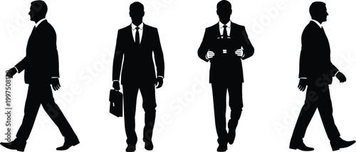 PrintSolid black silhouettes of professional businessmen in formal suits walking and standing isolated on a plain white background for design