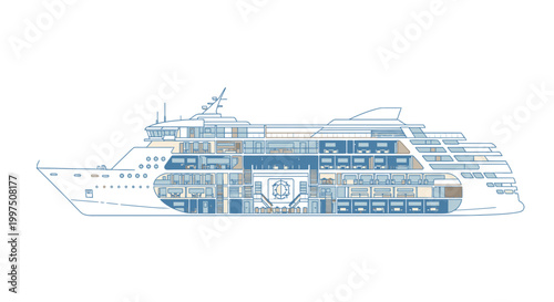 Cruise Ship Interior Cutaway Illustration Showing Deck Layout