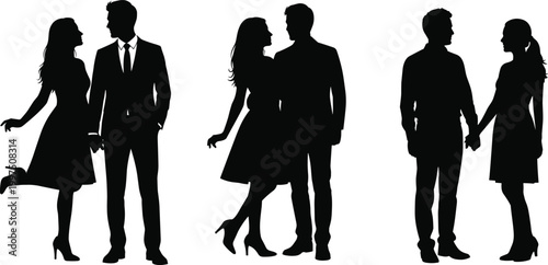 Solid black silhouettes of romantic couples holding hands and standing together isolated on a plain white background for design projects