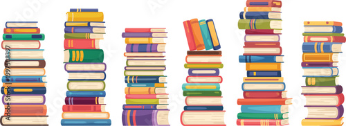 High book stacks and piles of vector books, school textbooks and bestsellers, dictionaries and encyclopedias, library or bookstore literature, isolated cartoon style stacks representing knowledge, 