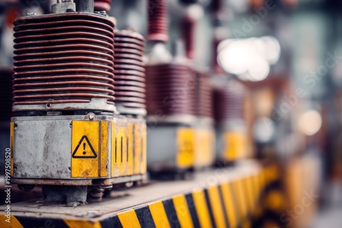 Industrial power station transformer with warning labels