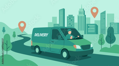Logistics: Delivery van with driver navigating urban and rural landscape