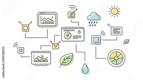 Smart Ecosystem: A creative illustration showcases the interconnectedness of a smart ecosystem, combining elements of technology and nature to represent the intelligent use of resources and data.