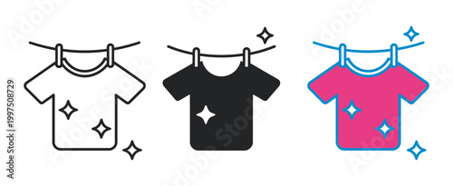 Clothes drying icon set vector, black outline style laundry clothes hanging icons, clean garments freshness concept symbols isolated design