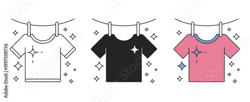 Clothes drying icon set vector, black outline laundry hanging clean garments freshness symbols, minimal UI illustration isolated