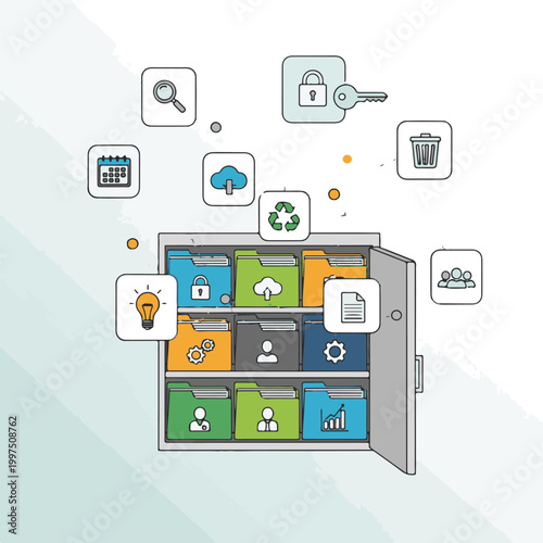 Open filing cabinet displaying organized colorful digital folders with various technology and management icons connected by dotted lines here