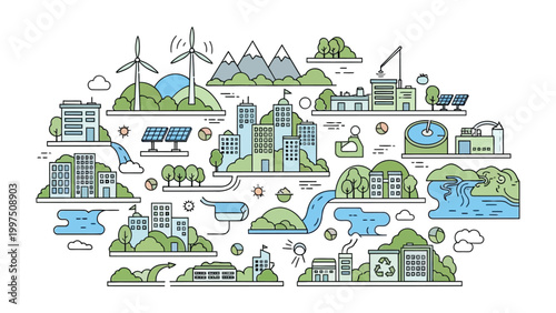 Tableau sur toile Eco-Friendly Cityscape: An intricate illustration portrays a thriving metropolis harmonizing with nature, emphasizing sustainable practices and eco-conscious living