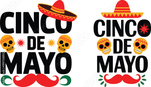 Cinco de Mayo Party Vector Decoration Set Featuring Sugar Skulls Sombrero Mustache and Festive Mexican Celebration Symbols for Event Design