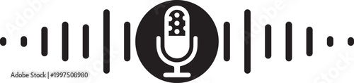 A sleek black and white podcast icon featuring a microphone surrounded by sound wave visualizations