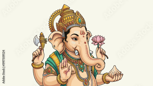 Lord Ganesha with Axe and Lotus Traditional Hindu Religious Vector Illustration for Indian Festival Design