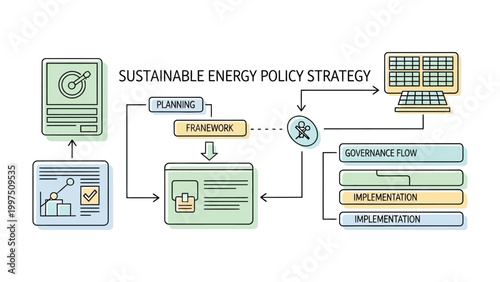 Sustainable Energy Policy Strategy Diagram: A detailed schematic illustrating the interconnected components of a sustainable energy policy strategy, emphasizing planning, framework, implementation.