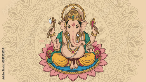 Lord Ganesha Sitting on Lotus Mandala Background Traditional Indian Festival Illustration for Ganesh Chaturthi