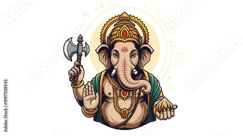 Lord Ganesha Holding Axe Traditional Hindu God Illustration Minimal Cartoon Style for Spiritual Design