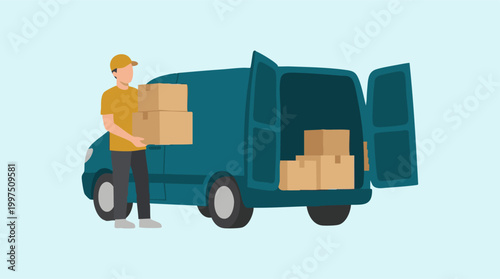 Delivery man loading cardboard boxes into a transport van for shipping.