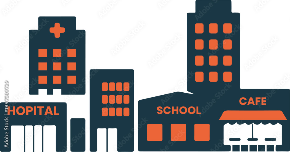 Fototapeta premium Minimalist city street vector featuring hospital, school, and cafe icons.
