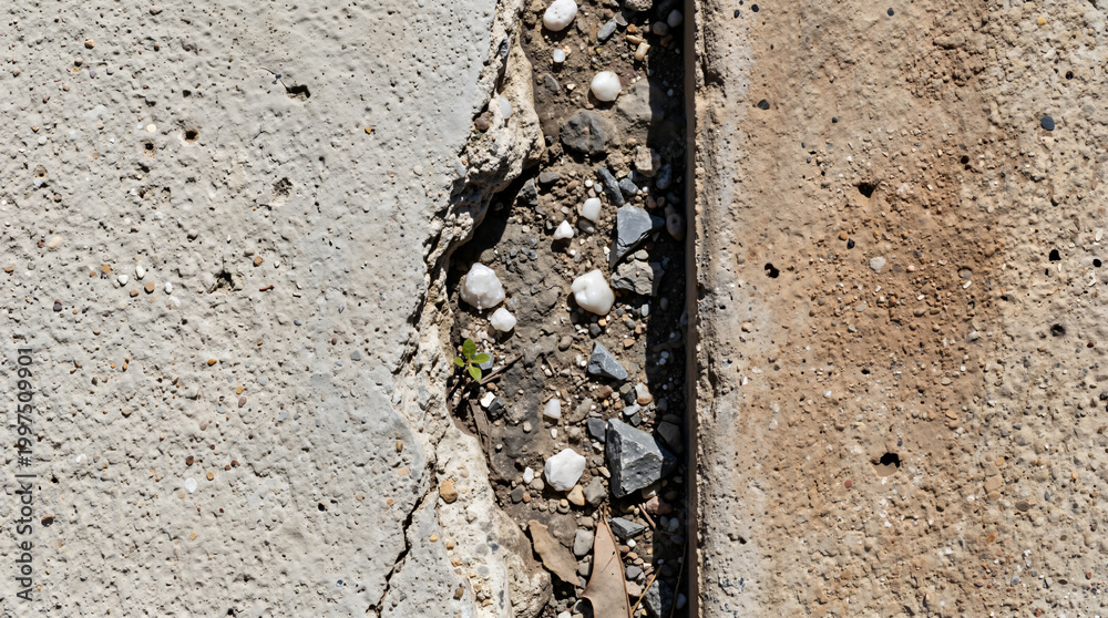Fototapeta premium A tiny green sprout emerges from a narrow crack in weathered concrete filled with dirt and small white stones. The top-down view captures a moment of resilient growth amidst rough, urban decay.