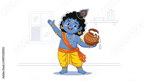 Cute Baby Krishna Holding Butter Pot Cartoon Style Hindu God Illustration for Janmashtami
