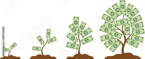 Illustration showing four stages of money tree growth from tiny sprout to fully bloomed tree with dollar bills instead of leaves, financial growth concept, investment success journey, wealth building 