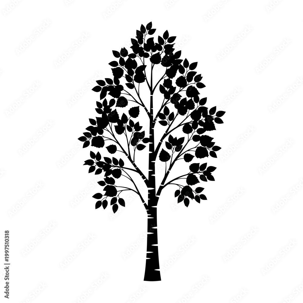 Obraz premium Silhouette of a tall tree with many leaves against a white background.
