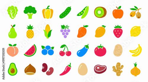 Colorful collection of fresh fruit, vegetable, and food item icons